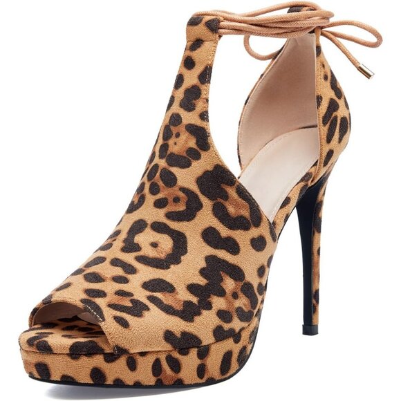Shoes - Womens leopard Peep Toe Platform Stiletto Heels Lace-Up Strappy Dress Sandals